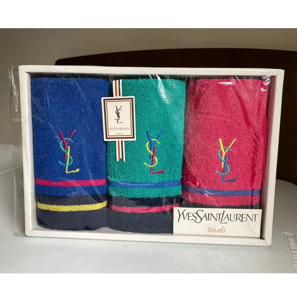 Yves Saint Laurent YSL Logo Original Box Set of 3 Bath Towels Deadstock Luxury
